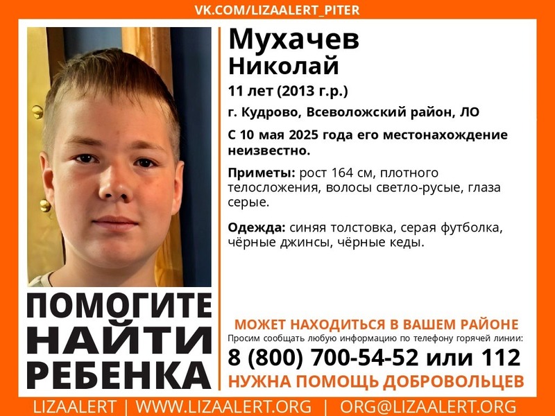 Пропал 11-летний Николай Мухачев из Кудрово